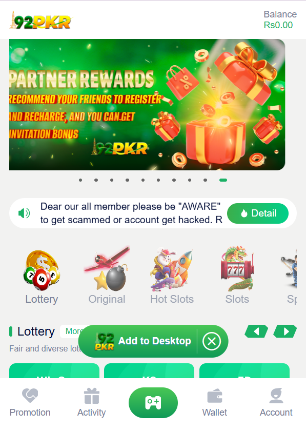 Screenshot of the 92 PKR Game app interface showing partner rewards promotion with a green background and gift icons.