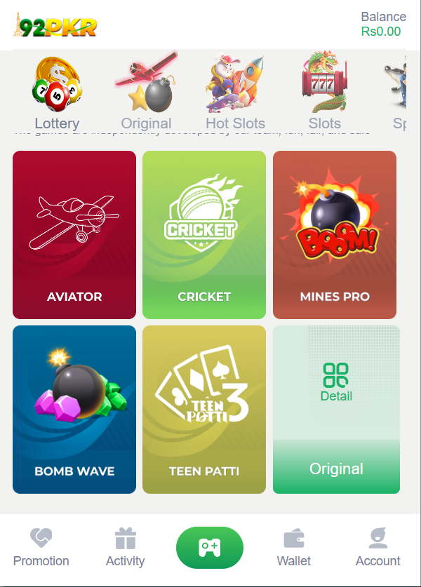 Screenshot of categories of the 92 PKR Game