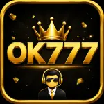 OK777 Game logo featuring large golden 3D OK777 text with a royal crown on top, a professional avatar wearing a headset and sunglasses below, surrounded by gold particles on a black background with a luxury gold frame.