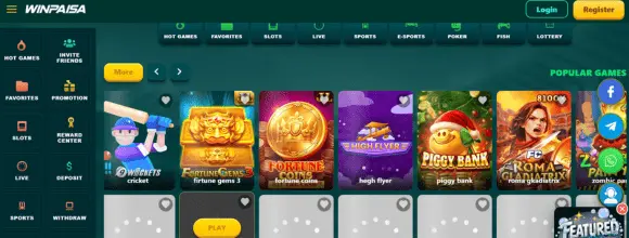 Winpaisa Game APK homepage showing game categories, wallet options, deposit and withdrawal menu, and popular slot games on Android.