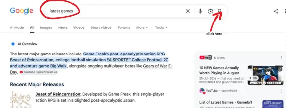 Latest Games Google search results page showing AI Overview and recent mobile game releases.